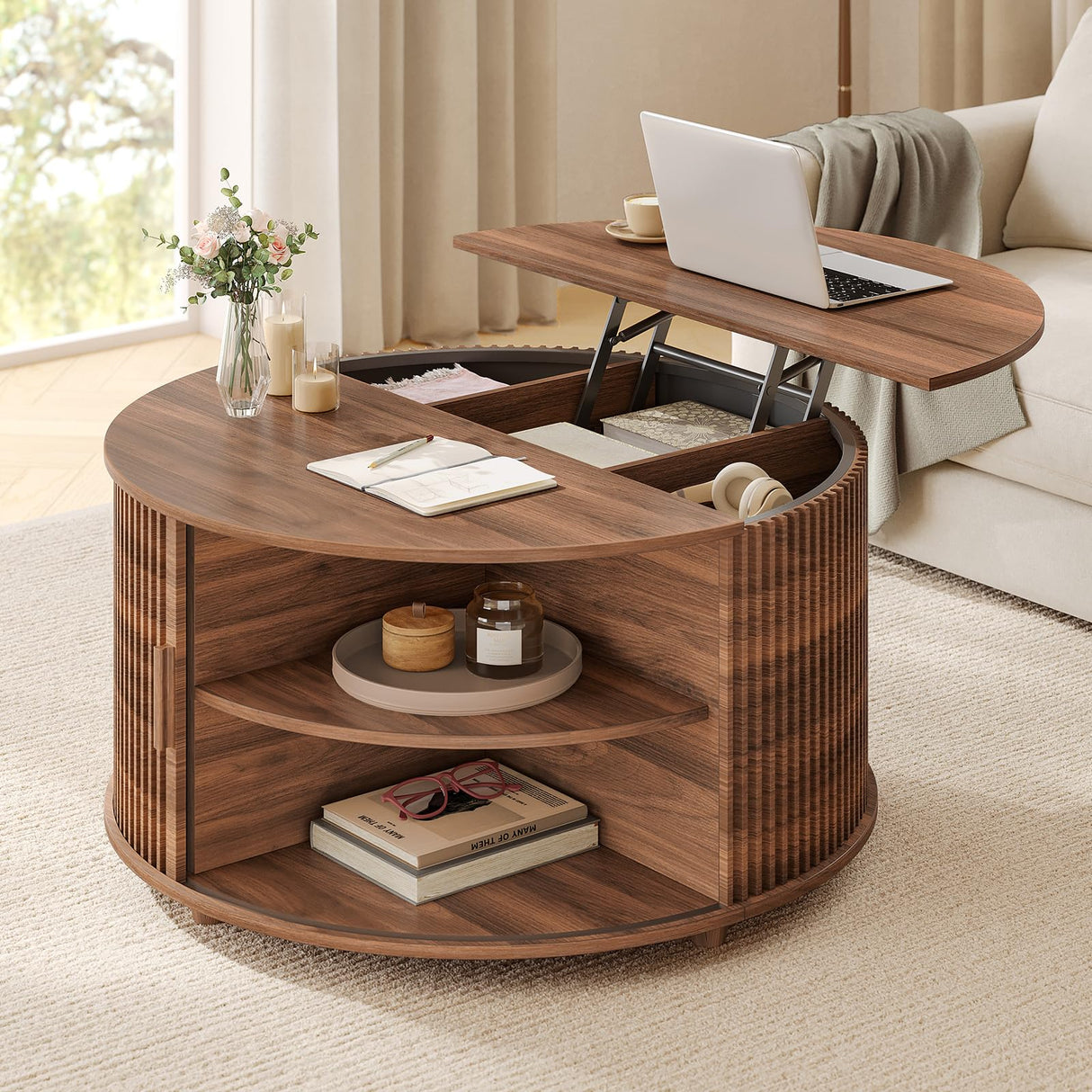 Round Lift Top Coffee Table, 34.6" Modern Coffee Table with 180° Curved Sliding Door, Fluted Accent Coffee Tables with Hidden Storage and Open Shelves, for Living Room, Office, Walnut Sikaic