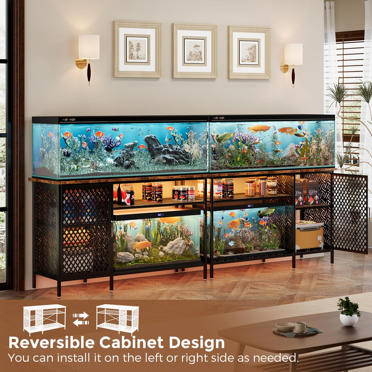 Annualring 55-75 Gallon Fish Tank Stand with Movable Power Cord& LED Light，Metal Aquarium Stand with Storage Cabinet，Large Fish Tank,Turtle and Reptile Terrarium,1000LBS Capacity, Black Annualring