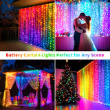 Curtain Lights Battery Operated 10x10Ft 300LED Waterproof Waterfall Light with 8 Modes Remote Dimmable Timer Memory Twinkle Fairy String Lights for Outdoor Indoor Gazebo Wedding Pergola Patio Bedroom QLIRJAD