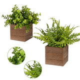 Vlorart Small Fake Plants, 2Pack Mini Potted Artificial Plastic Boxwood Fern Green Decorative Plant in Wooden Potted, Fake Desk Plant for Farmhouse Home Decor Office Bathroom Desk Room Indoor Outdoor Vlorart