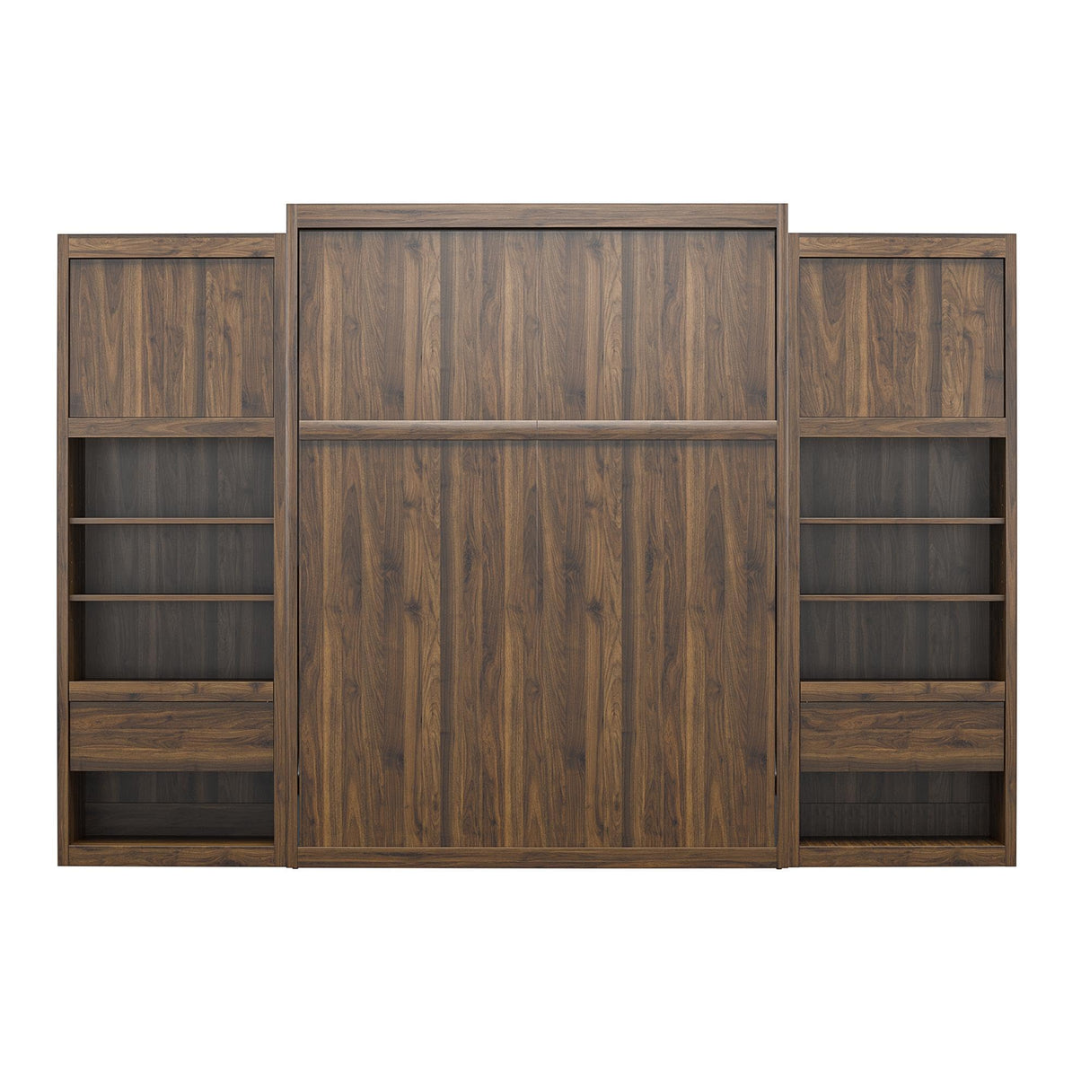 REALROOMS Halstead Queen Size Murphy Bed with 2 Nightstand Cabinets, Space-Saving Fold-Out Wall Bed with Open Shelving and Concealed Storage for Bedroom or Guest Room, Walnut REALROOMS