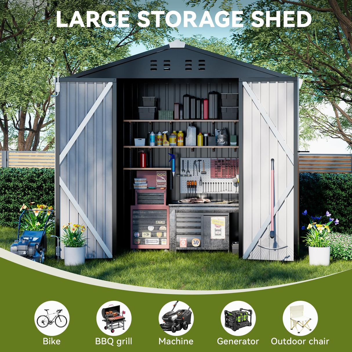 COMHOMA Shed Outdoor Storage Shed Metal,Lockable Doors Tool Sheds with Sloping Roof,Steel Garden Shed with Air Vent for Backyard,Patio,Lawn,Poolside (Dark Grey, 6x4) COMHOMA
