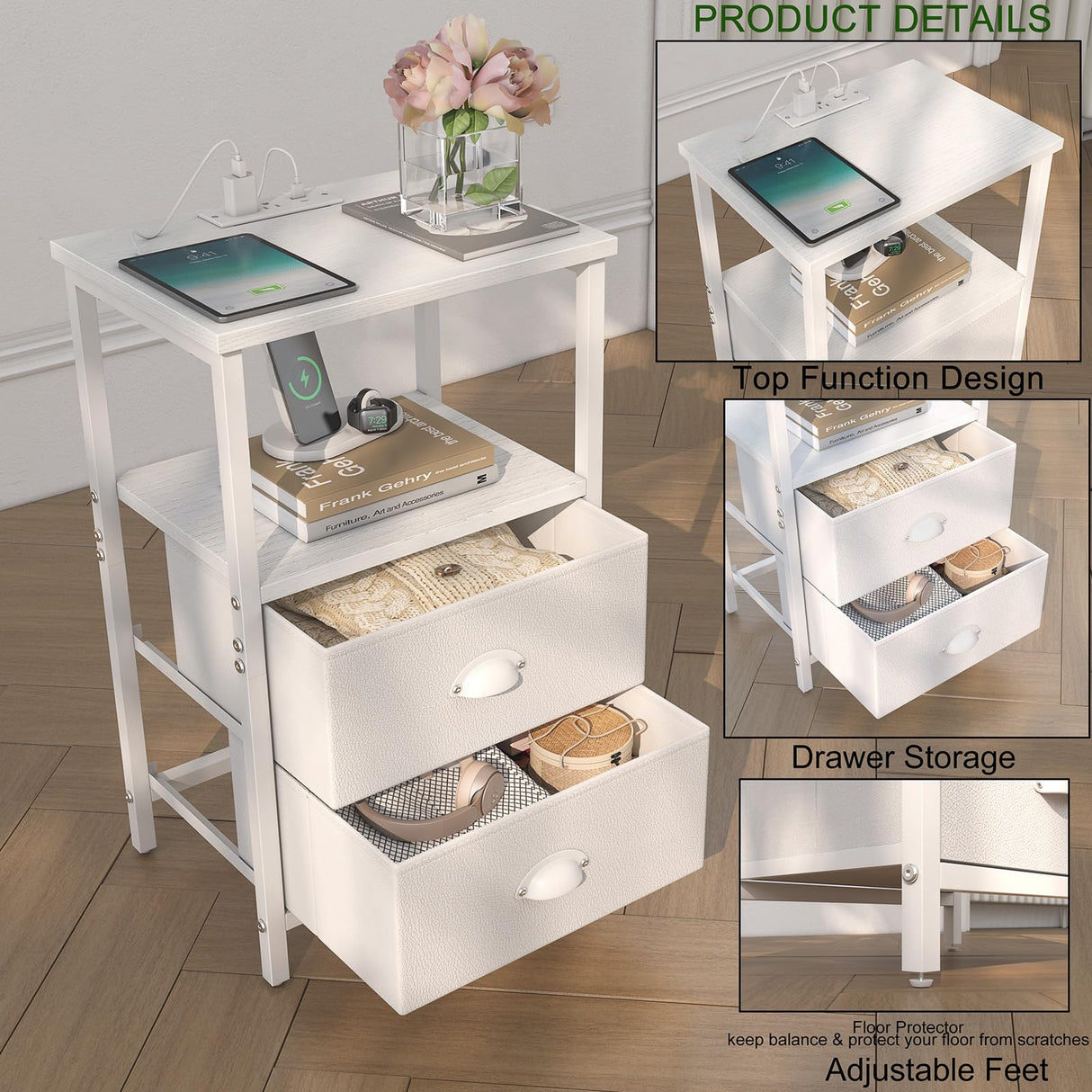 sthmec Nightstand with Charging Station, LED Night Stand Set 2, Bedside Table End Tables Set of 2, Bedroom Tables with 2 Fabric Drawers PU Finish, 3-Tier Storage Side Table for Bedroom,White sthmec