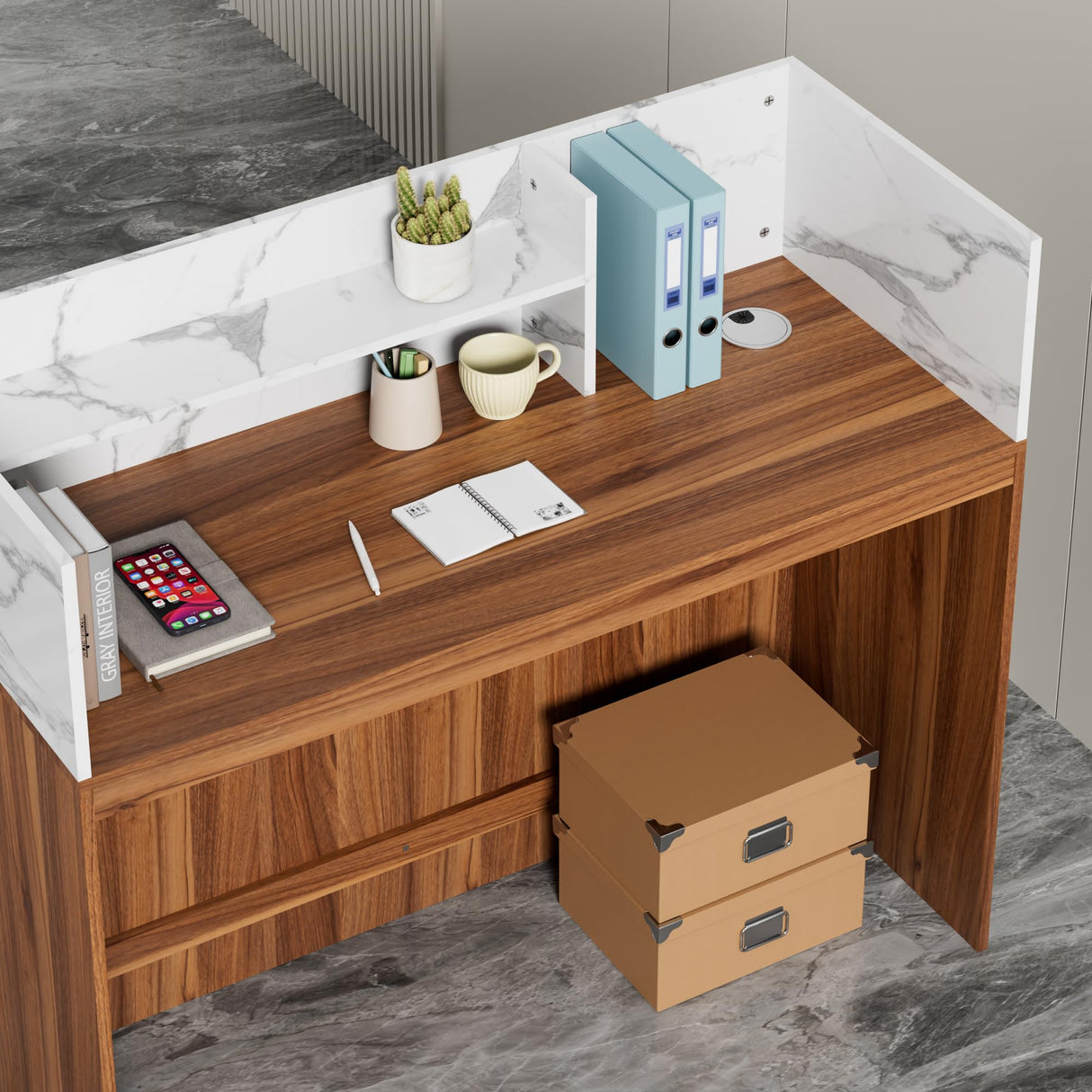 UEV Modern Reception Desk with Counter, 47“ Front Desk Reception Room Table with Cable Grommet, Marble Texture Top Front & Led Lights, Retail Counter for Beauty Salon, Checkout, Home Office UEV