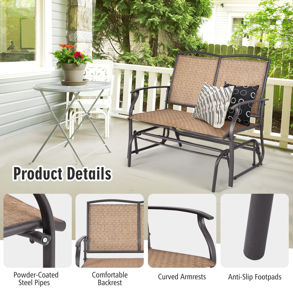 Tangkula 2-Person Patio Glider Bench, Outdoor Rocker Glider Loveseat Chair W/Heavy-Duty Steel Frame, Breathable Seat Fabric, Rocking Lounge Chair for Poolside, Garden, Backyard (Brown) Tangkula