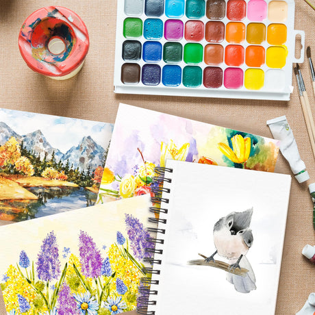 Funto Watercolor Pad 5.5x8.5, 3 Pack, 90 Sheets,140lb/300gsm, Double-Sided, Cold Press, Spiral Bound, Heavyweight Paper for Watercolor Painting Funto