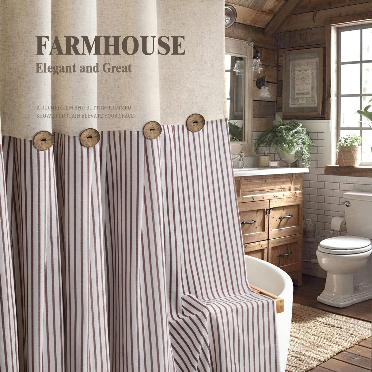 Awellife Linen Button Farmhouse Beige Shower Curtain,Linen and Cotton Woven Fabric,Pleated Brown Stripe,Country Style,72x72 Inch Awellife
