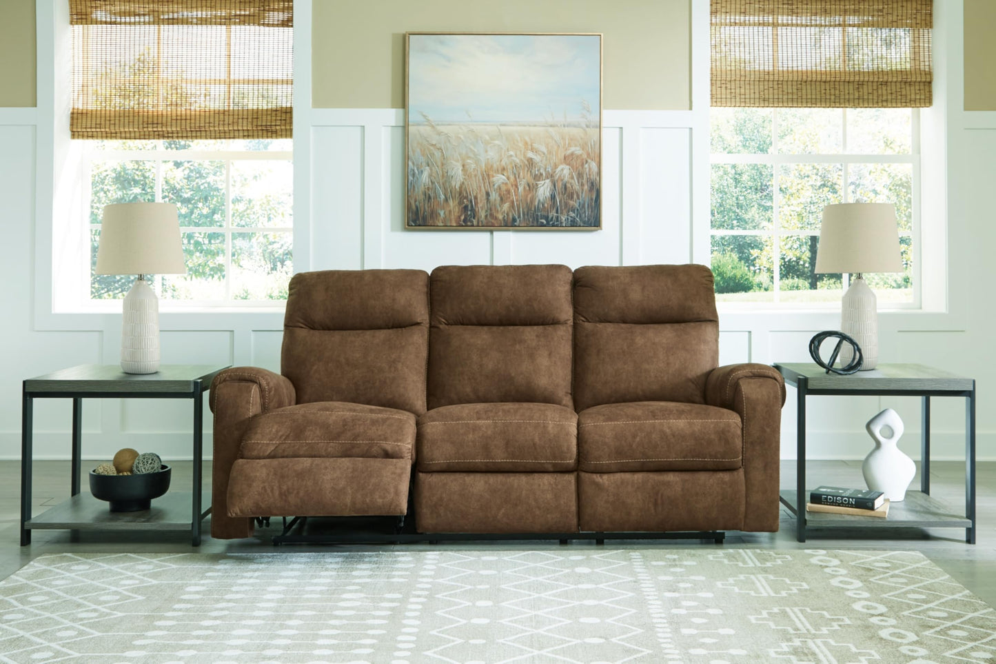 Signature Design by Ashley Edenwold Contemporary Faux Leather Manual Reclining Sofa, Dark Brown