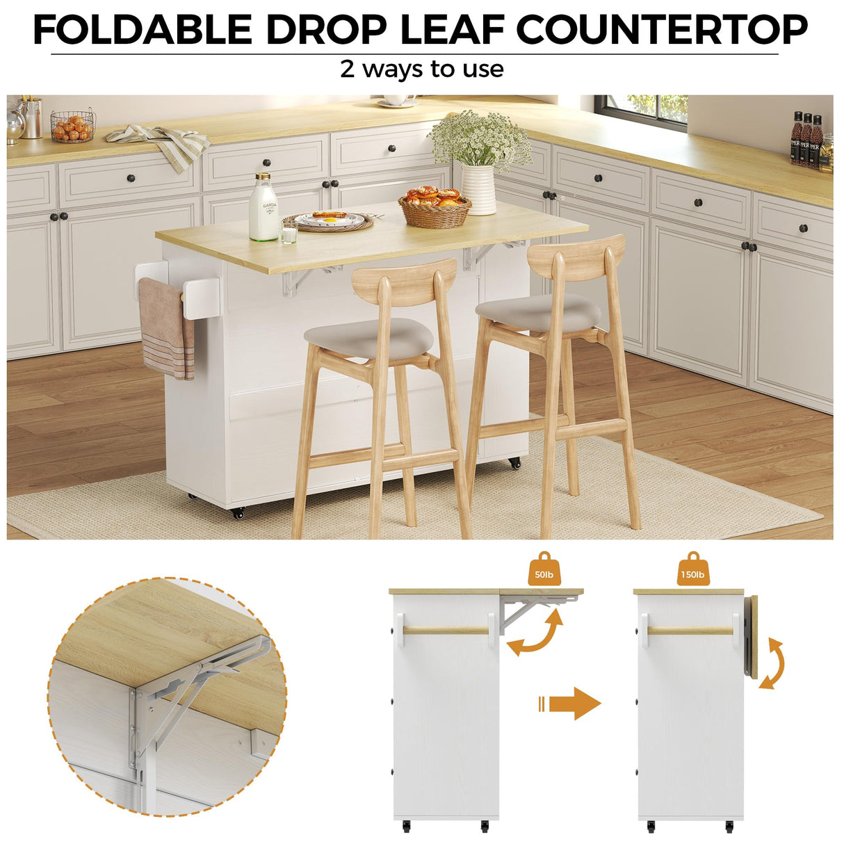 IRONCK Kitchen Island with Storage, 47.2in Rolling Island on Wheels, Kitchen Cart with Drop Leaf, 3 Spacious Drawers, Storage Cabinets and Towel Rack for Home, Dining Room IRONCK