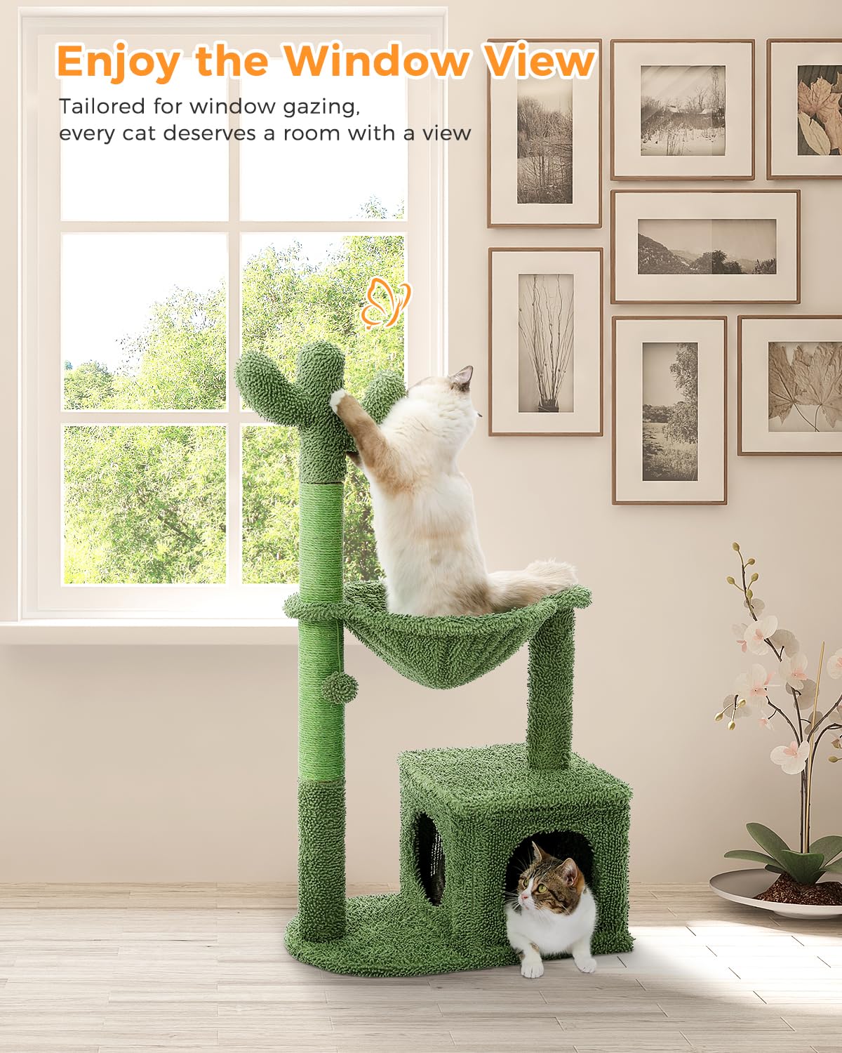 MUTTROS Cactus Cat Tree 40" Cat Tower with Large Metal Carpet Hammock, Cat Scratching Post for Indoor Cats with Condo& Dangling Ball, Green MUTTROS