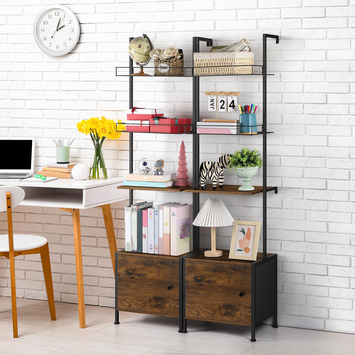 Vrisa 4 Tier Ladder Bookshelf with Drawers Wall Mounted Storage Shelves Wooden Ladder Shelf with Cabinet Display Bookcase for Living Room Bedroom Home Office Kitchen Brown Vrisa