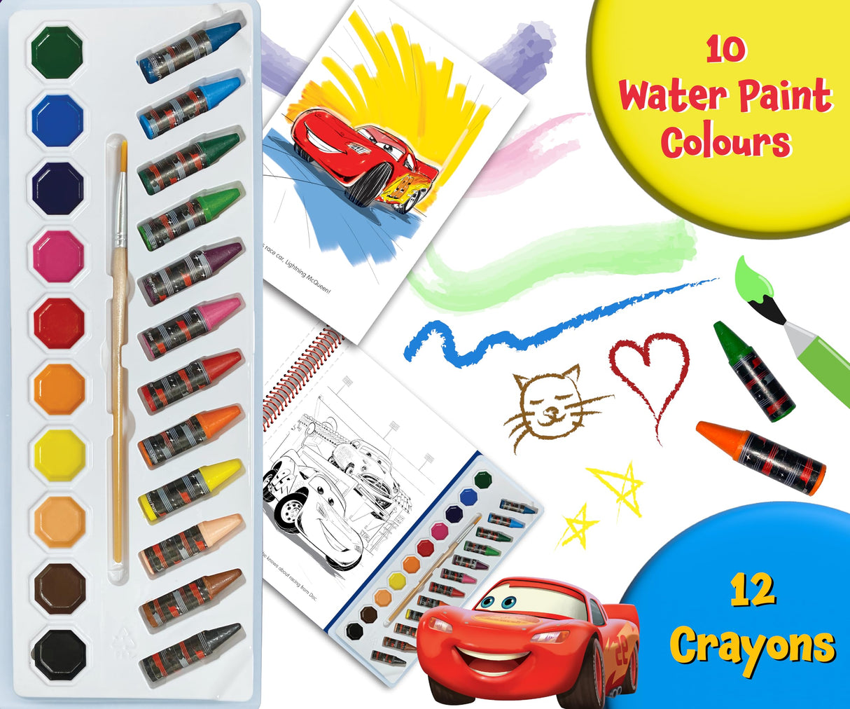 Disney / Pixar Cars Deluxe Poster Paint & Color - Coloring Book for kids, 80 illustrations, 10 watercolor paints, 12 crayons, 1 paint brush Phidal