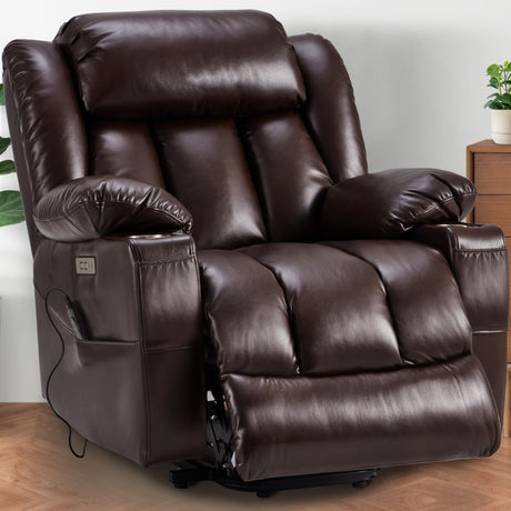 Outspurge Power Lift Recliner Leather Chair Sofa with Massage & Heat, Lazy Boy Chair with Cup Holders, USB & Type-C Ports, Remote Control (Brown) Outspurge
