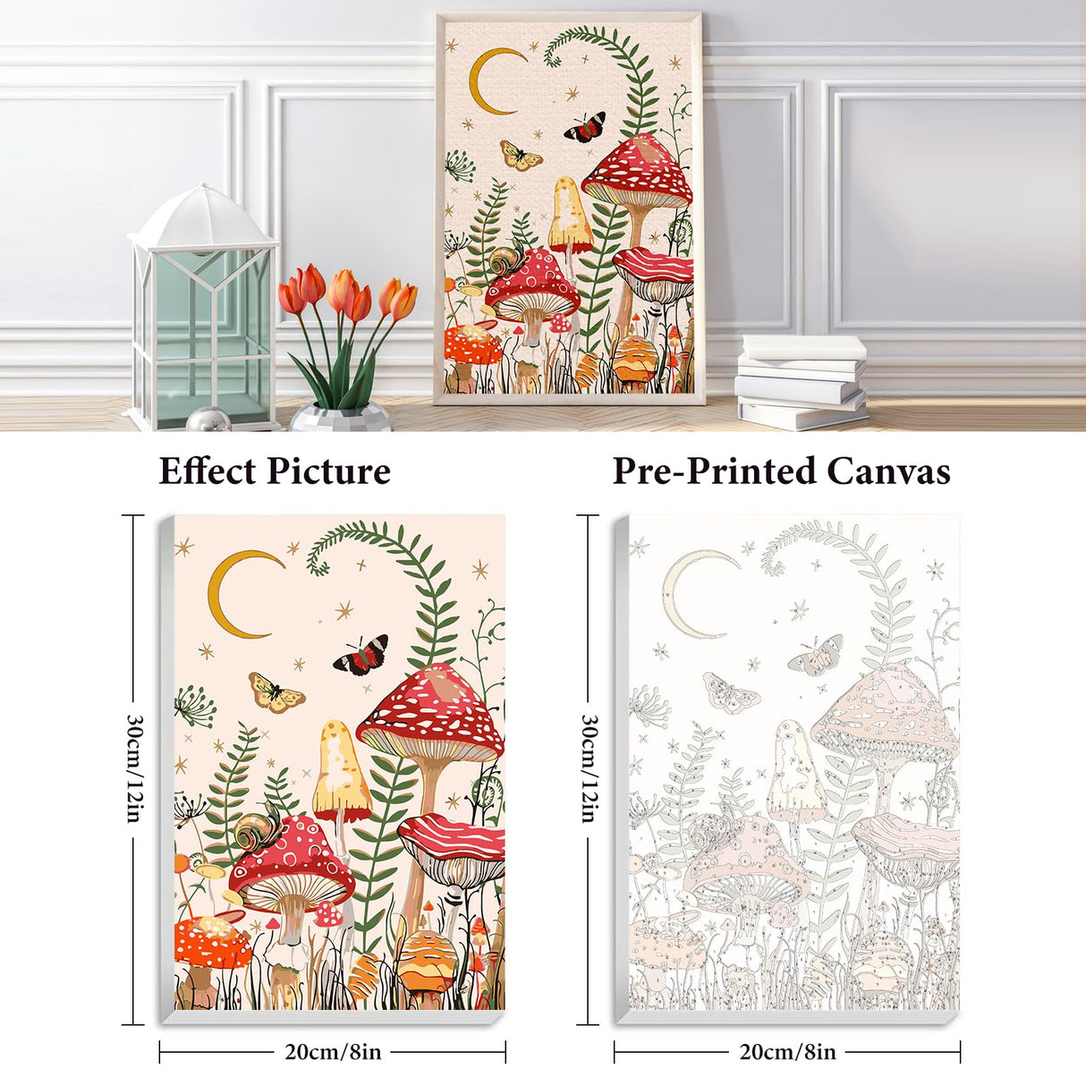 Framed Paint by Numbers Kit for Adults Beginner & Kids Ages 8-12, Moon Mushroom Forest Paint by Number with Frame, Easy Acrylic Butterfly Painting by Numbers Kit on Canvas 8x12 inch Fountor