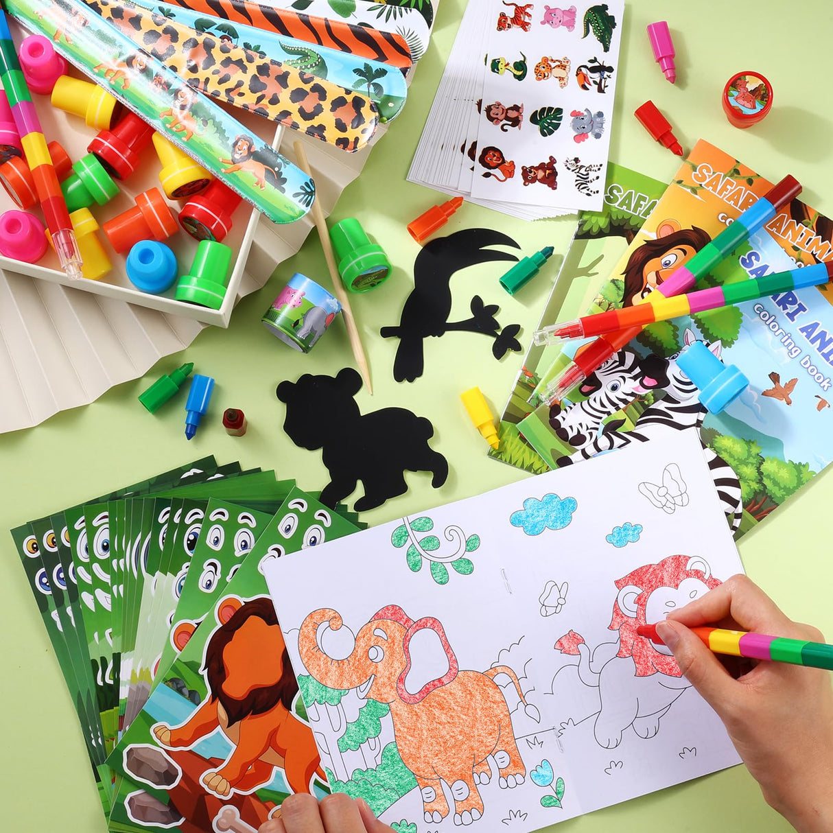 BenLouis 192Pcs Jungle Safari Party Favors Zoo Animals Coloring Books Crayons Sticker Stampers Slap Bracelets Set Bulk Classroom Prizes for Kids Wild One Party Baby Shower Goodie Bags Fillers BenLouis