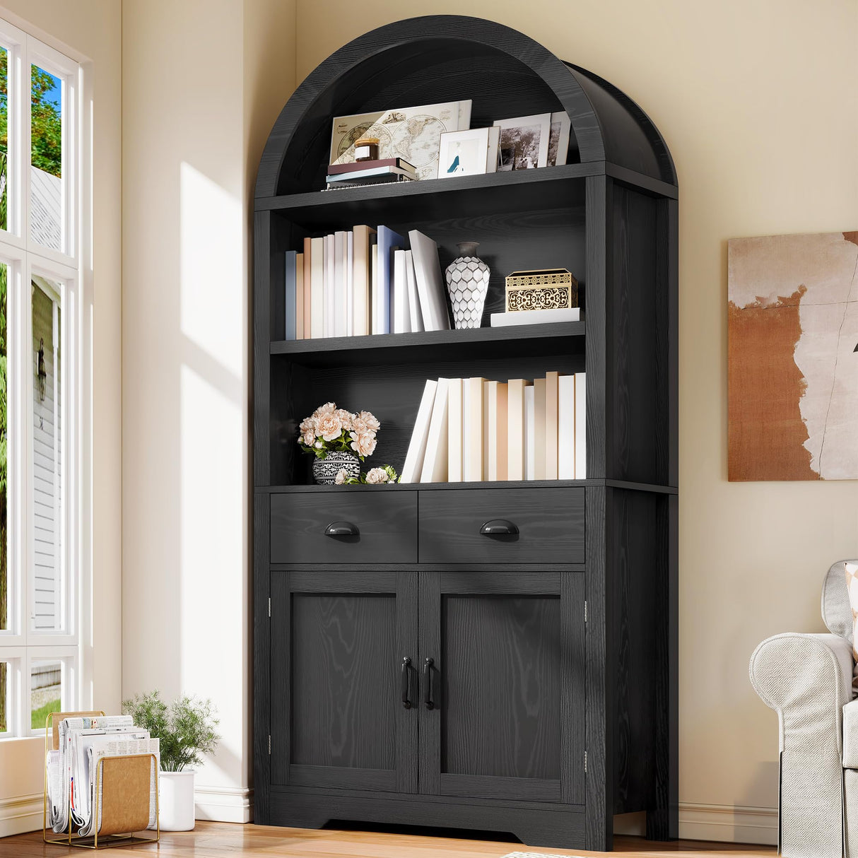 YITAHOME Arched Bookshelf, 71" Tall Bookcase with Drawers Arched Bookcase with Storage, Bookshelf Display Storage Rack with Adjustable Shelves for Living Room, Office, Black YITAHOME