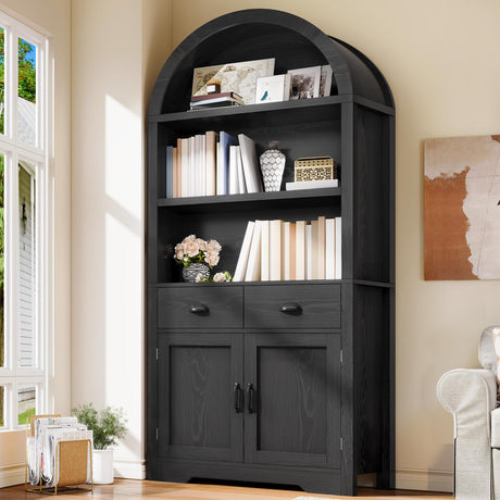 YITAHOME Arched Bookshelf, 71" Tall Bookcase with Drawers Arched Bookcase with Storage, Bookshelf Display Storage Rack with Adjustable Shelves for Living Room, Office, Black YITAHOME