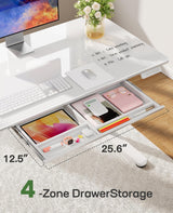 Marsail Glass Electric Standing Desk with Drawer, 40 x 24 Inches Height-Adjustable Desk, One-Piece Tempered Glass Top, Ergonomic Home Office Sit Stand Desk with 4 Preset Heights, White Marsail