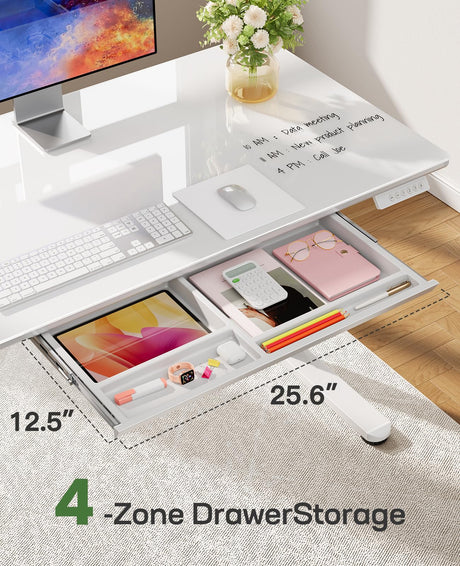 Marsail Glass Electric Standing Desk with Drawer, 40 x 24 Inches Height-Adjustable Desk, One-Piece Tempered Glass Top, Ergonomic Home Office Sit Stand Desk with 4 Preset Heights, White Marsail
