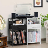 LELELINKY Record Player Stand with Fabric Drawer, 3 Tier AV Media Stands with Charging Station and USB Ports,Turntable Rack with Storage Up to 100 Vinyl Albums, Black DVD Video Game Console Shelf LELELINKY