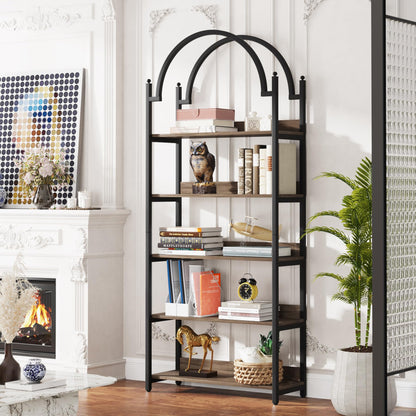 Tribesigns 72-Inch Arched Bookcase with 5 Rustic Wood Shelves and Black Metal Frame for Industrial Style Home Decor - WoodArtSupply