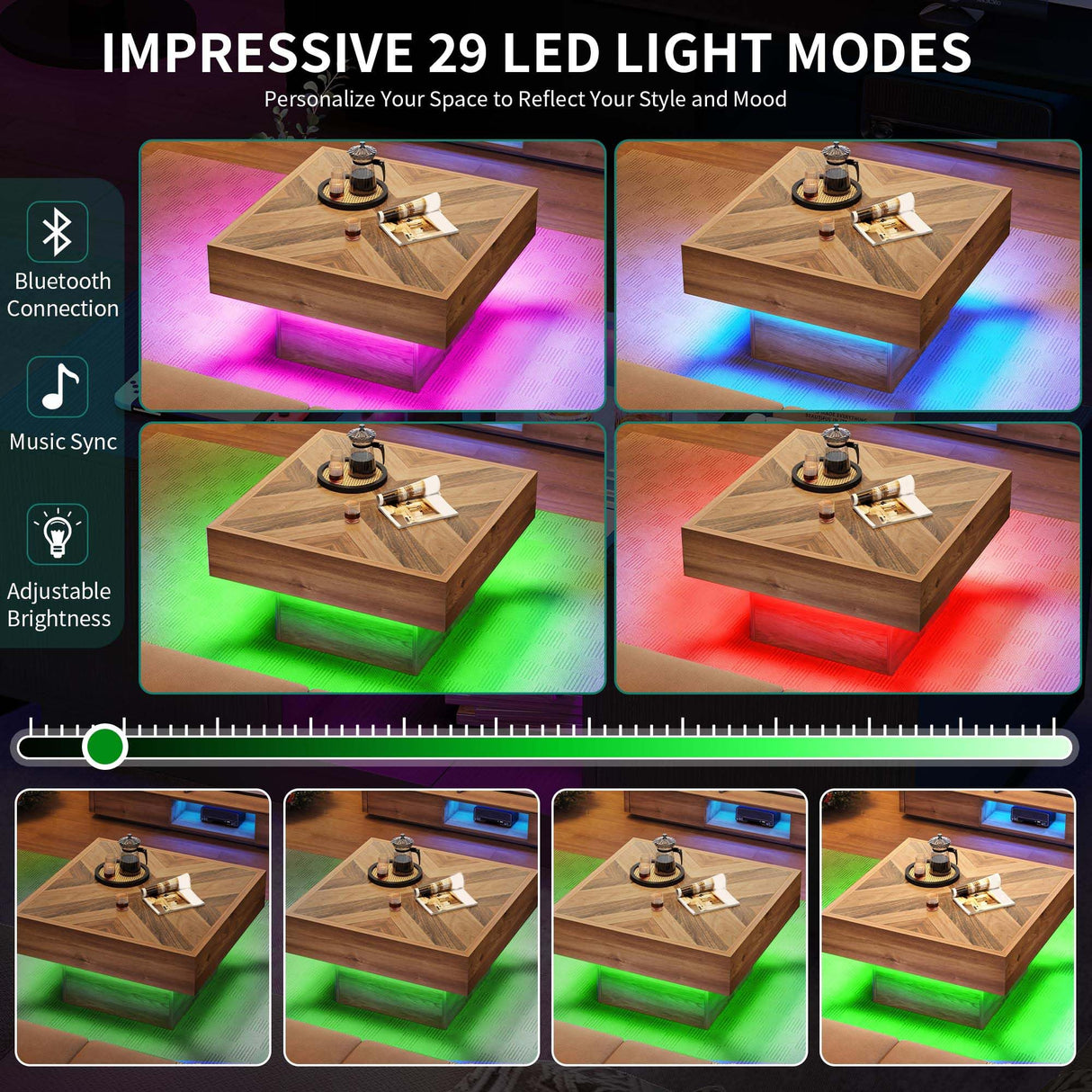 YITAHOME LED Game Coffee Table with 2 Drawers Storage, Square Modern Coffee Table Engineered Wood Low Coffee Tables for Living Room Decor, Farmhouse Rustic Center Table, Brown YITAHOME