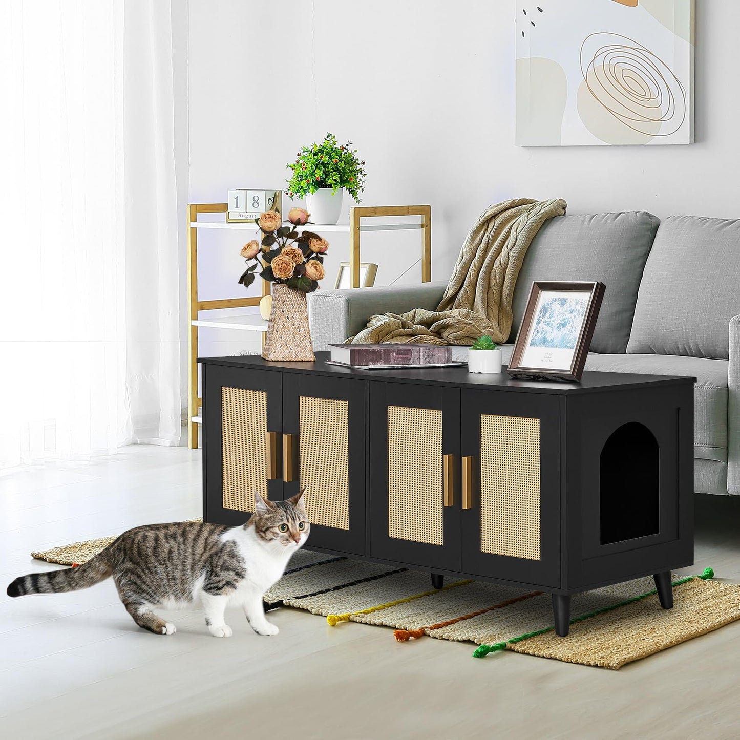 Homhedy Boho Cat Litter Box Enclosure for 2 Cats,Litter Box Furniture Hidden with Double Rattan Decorated Doors,Wooden Cat Washroom Furniture,Cat House,47.2”L x 19.7”W x 21.7”H, Black - WoodArtSupply