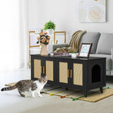 Homhedy Boho Cat Litter Box Enclosure for 2 Cats,Litter Box Furniture Hidden with Double Rattan Decorated Doors,Wooden Cat Washroom Furniture,Cat House,47.2”L x 19.7”W x 21.7”H, Black Homhedy