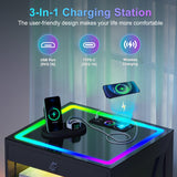 Lvifur RGB Nightstand with Gun Drawer, Glass Top Bedside Table with Wireless Charging Station, LED Night Stand with Human Sensor Design, Modern End Table for Bedroom Living Room (Black) Lvifur