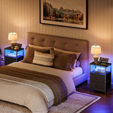 HOOBRO Nightstand with Charging Station, Bedside Table with LED Lights and 2 Fabric Drawers, End Table with Outlets and USB Ports, Small Night Stand for Bedroom, Black BB118UDBZ01 HOOBRO