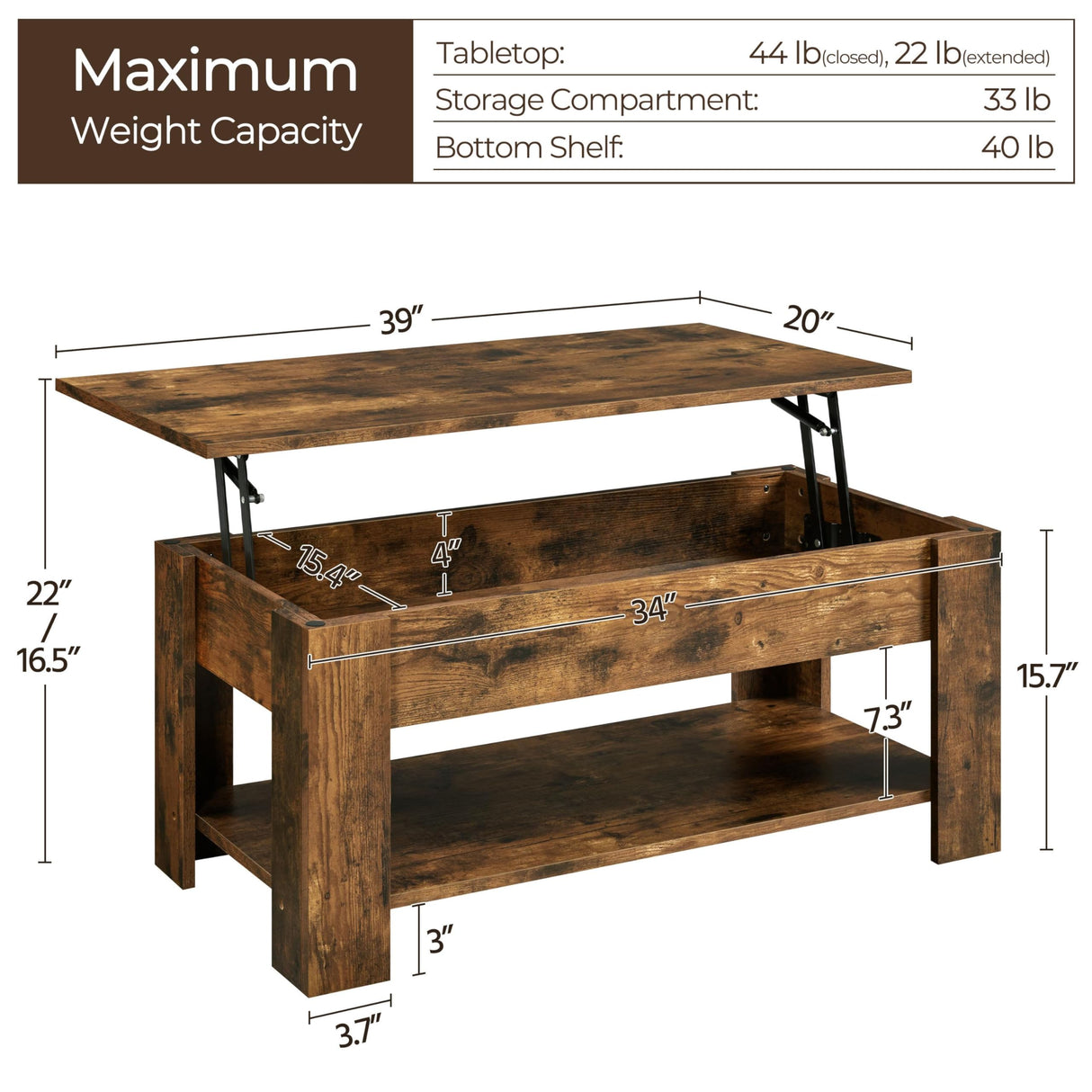 Yaheetech Vintage Coffee Table, Lift Top Coffee Table with Large Hidden Storage Shelf, Lift Tabletop Dining Table for Living Room, Home Small Space, 38.6in, Rustic Brown Yaheetech