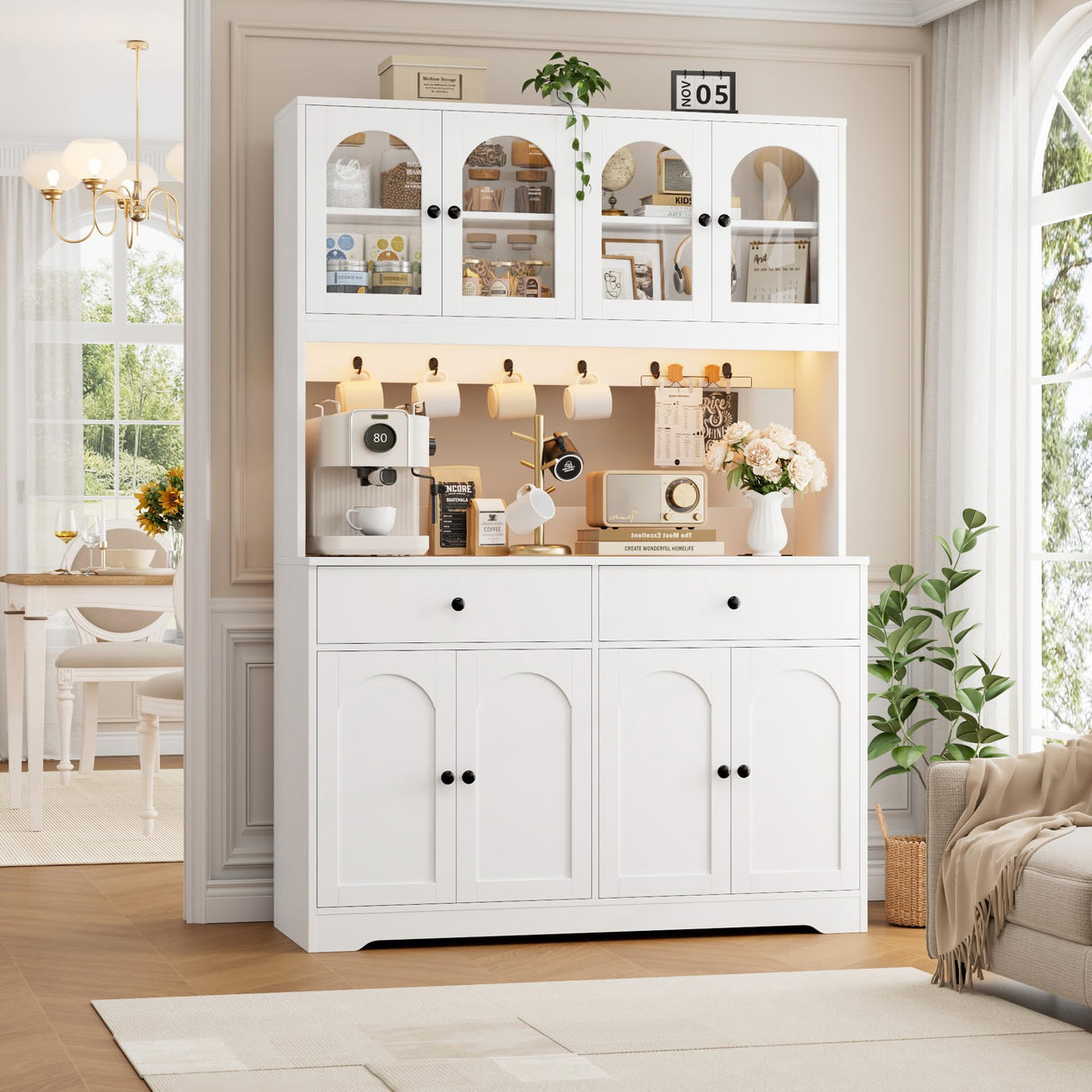 HIFIT 71" LED Kitchen Pantry Cabinet with Power Outlet, Large Kitchen Hutch Storage Cabinet with Arched Door & Shelves & 2 Drawers, Tall Modern Coffee Bar with Hutch for Home Dining Living Room, White HIFIT