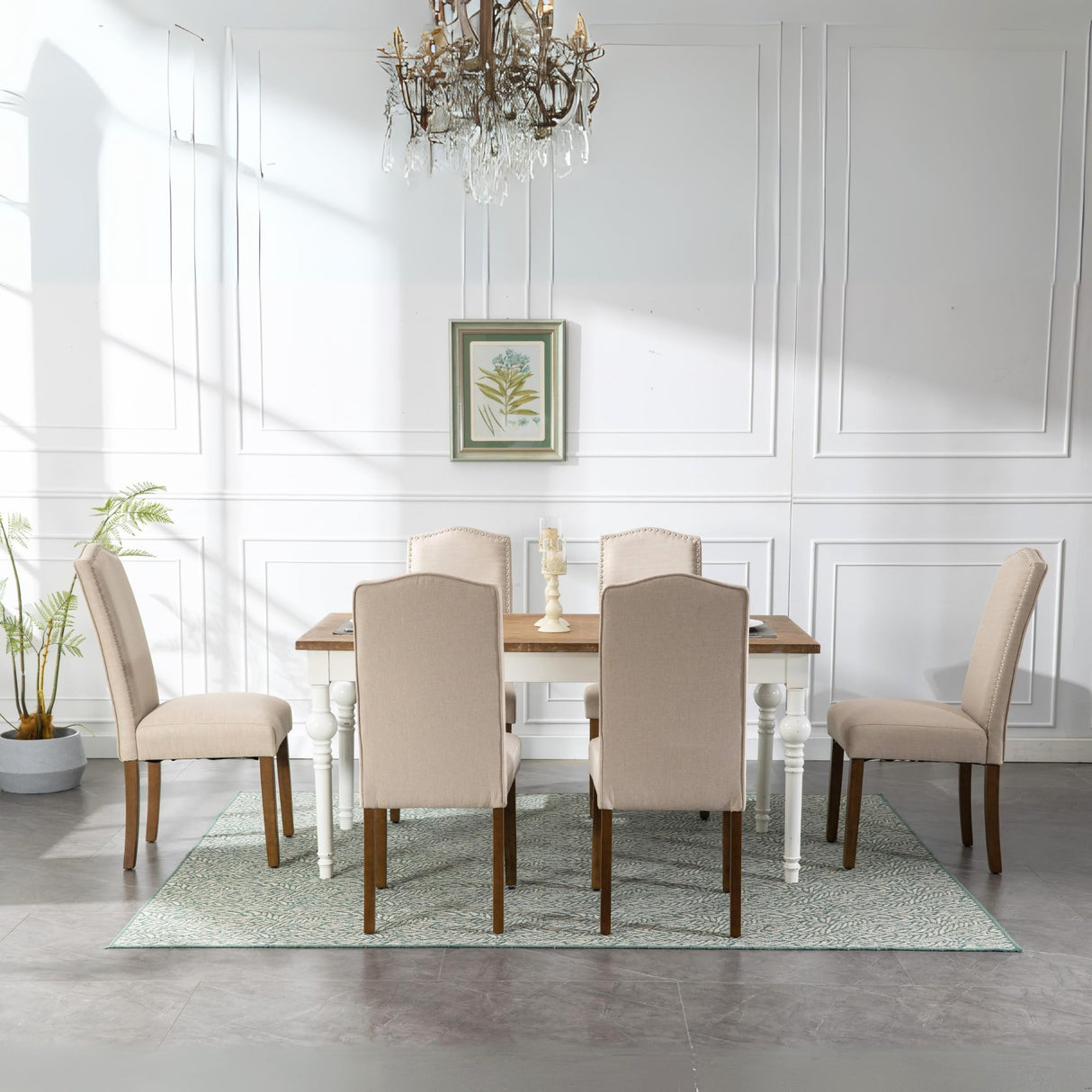 Snugway Stylish Upholstered Parsons Dining Chair with Nailhead Trim and Sturdy Solid Wood Legs, Beige, 6 Pcs Snugway