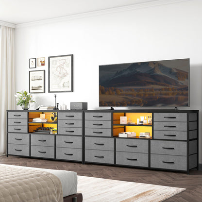 EnHomee Long Dresser for Bedroom with 12 Fabric Drawers,Bedroom Dresser with LED Lights & Power Outlet, Wooden Top & Metal Frame,for Nursery, Living Room, Closet, Grey, 49.2''W*11.8''D*35.4''H