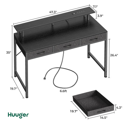 Huuger 47 inch Computer Desk with 3 Drawers, Office Desk Gaming Desk with LED Lights & Power Outlets, Home Office Desks with Storage Space for Bedroom, Work from Home, Black - WoodArtSupply