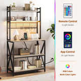Yaheetech Kitchen Bakers Rack with Power Outlet & LED Lights, 5 Tiers Coffee Bar Table with 8 S Hooks, 64 Inches Tall Microwave Oven Stand with Storage for Spices, Pots, Gray Yaheetech