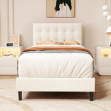 alazyhome Twin Size Upholstered Platform Bed Frame with Button Tufted Velvet Headboard Wood Slat Support Easy Assembly No Box Spring Needed Beige alazyhome