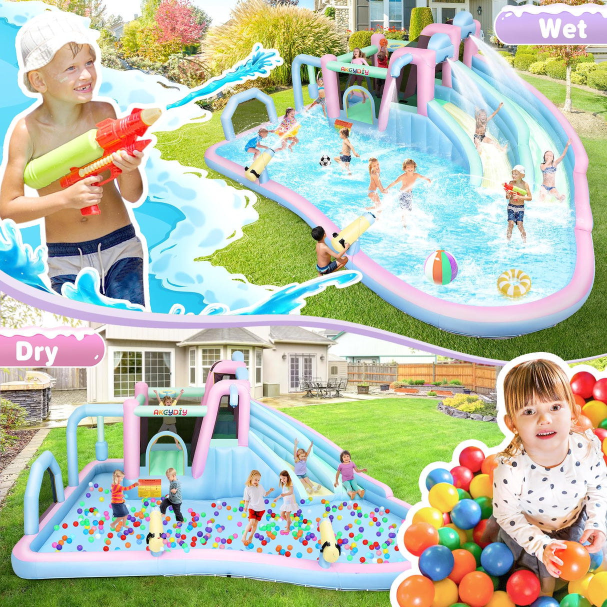 AKEYDIY Inflatable Bounce House Double Slides for Kids, Giant Bounce Castle 21.3FT x14.7FT with Pool, Multiple Game Areas and 950w Blower, for Party Holiday Outdoor Indoor (Dual Slide - Macaron) AKEYDIY