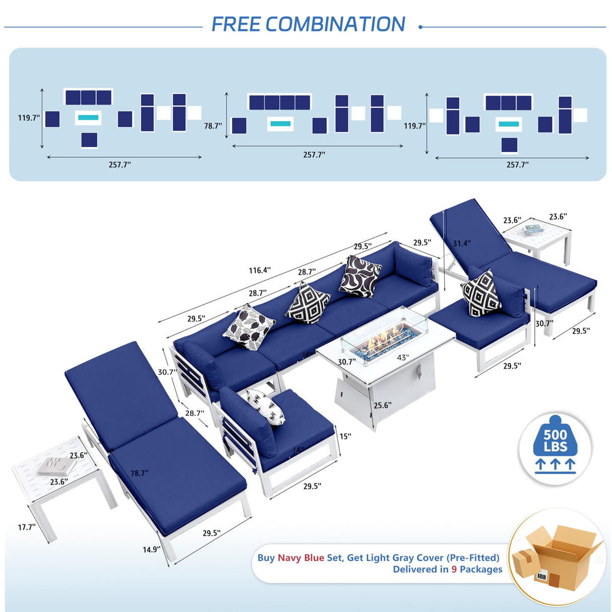 NICESOUL 11 Piece Oversized Luxury Aluminum Outdoor Sectional Sofa with Lounge, Weather Resistant Modular Patio Furniture Set, 500 lbs Heavy Duty Conversation Couch for Poolside Garden, Navy Blue NICESOUL