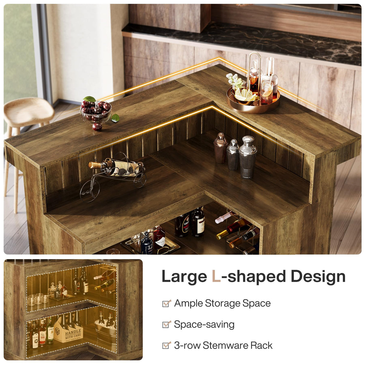 Tribesigns Bar Table, L Shaped Home Bar Unit for Home, 4-Tier Corner Liquor with Storage Shelves and Wine Glasses Holder, Industrial Wine Cabinet Reception Desk for Basement (1, Brown) Tribesigns
