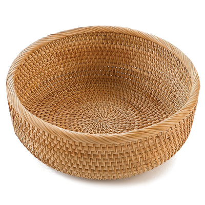HITOMEN Handmade Rattan Bread Baskets Round Wicker Fruit Serving Storage Bowls, Natural Woven Decorative Kitchen Counter Organizing (Honey Brown) M-9.1"
