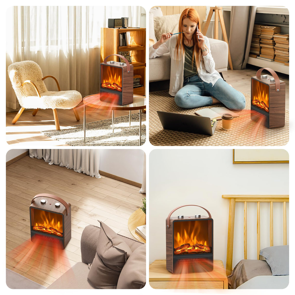 Riseon Electric Fireplace Heater for Indoor Use, 1500W/750W Space Heater Fireplace with 3D LED Flame, Double Safety Protection, Portable Fireplace Heater for Home Office Christmas Decoration,Walut Riseon