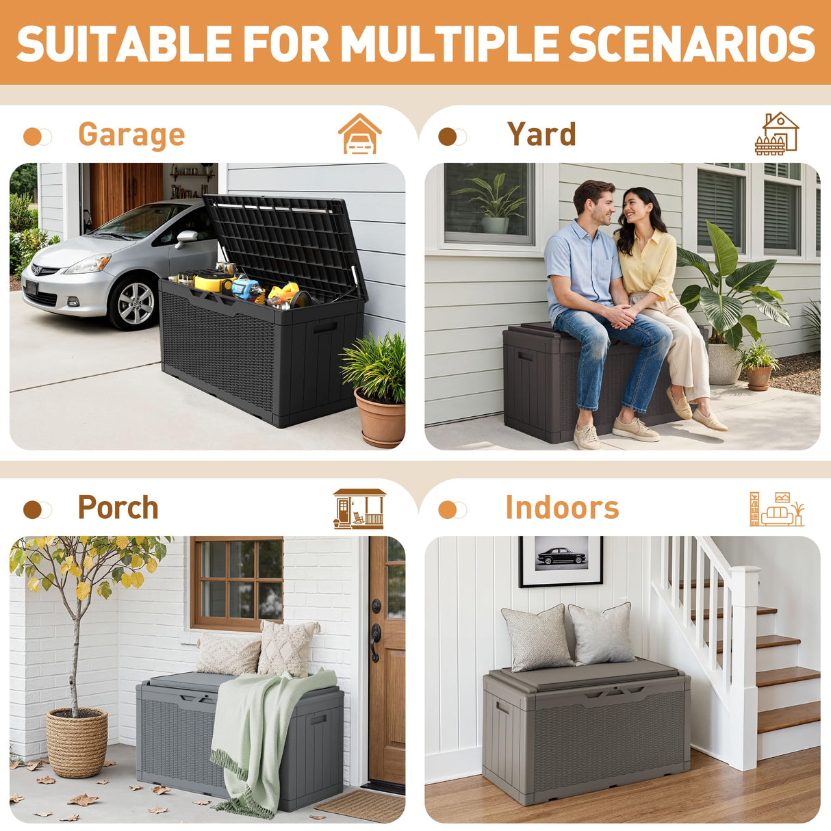 Greesum 100 Gallon Resin Deck Box Large Outdoor Storage Boxes with Cushions for Garden Tools, Patio Furniture Pillows, Pool Supplies, Black Greesum