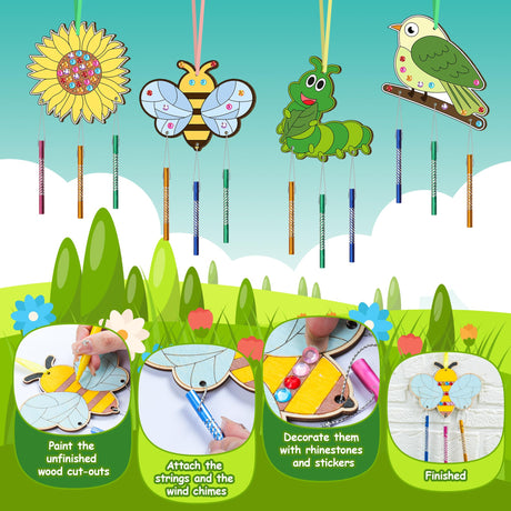 12 Pack Wind Chime Kit for Kids Make Your Own Wind Chime DIY Wood Arts and Crafts Decorative Coloring Wooden Hanging Ornaments for Girls Boys Home School Activity Party Supplies(Spring Flower Animal) TREACLUB