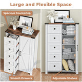 VVFLU Farmhouse Dresser Storage Cabinet Chest of Drawer for Bedroom, 5 Drawer Dresser with Barn Door, 48 Inch Tall White Wood Dresser, Adjustable Shelves, Rustic, for Living Room, Entryway, Hallway VVFLU