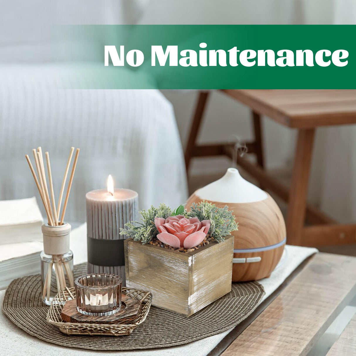 Der Rose Set of 2 Succulents Plants Artificial Fake Plants in Wood Pots with Pink Fake Flowers for Farmhouse Bathroom Desk Sheif Decor Der Rose