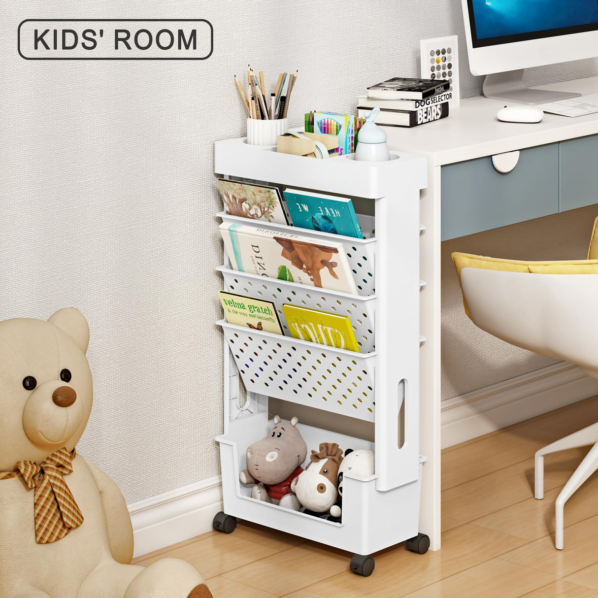 yeavs 5-Tier Mobile Bookshelf, Rolling Bookcase Book Storage Rack, Movable File Folder Organizer Cart with Wheels for Home Study Office Living Room Classroom, White yeavs