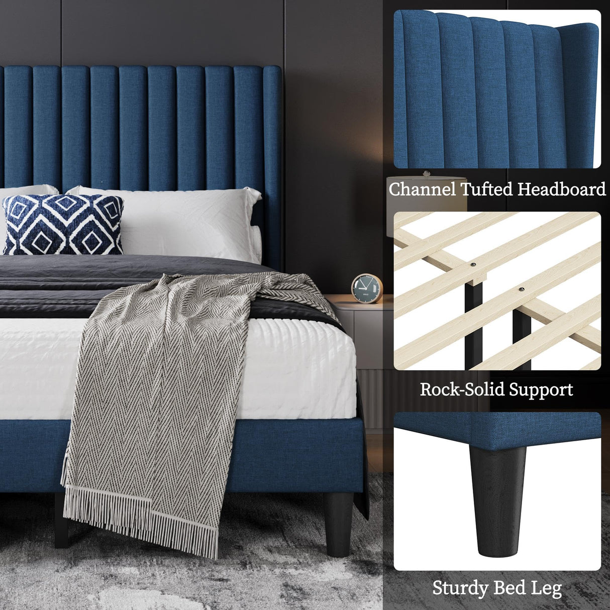 Yaheetech Full Size Bed Frame, Upholstered Platform Bed with Wing Edge Headboard, Square Tufted Fabric/Mattress Foundation/Wooden Slats Support/No Box Spring Needed/Easy Assembly/Navy Blue Yaheetech