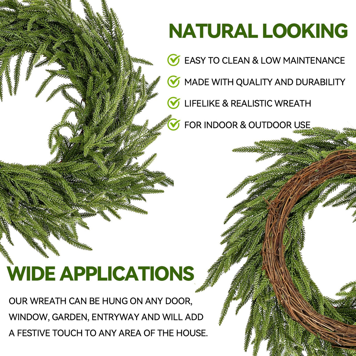 ENVEN 2 Pack 24" Norfolk Pine Wreath for Front Door, Artificial Christmas Wreath Faux Pine Green Wreath for Wall Windows Mantle Outdoor Outside Christmas Decoration ENVEN