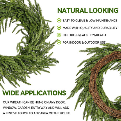 ENVEN 2 Pack 24" Norfolk Pine Wreath for Front Door, Artificial Christmas Wreath Faux Pine Green Wreath for Wall Windows Mantle Outdoor Outside Christmas Decoration